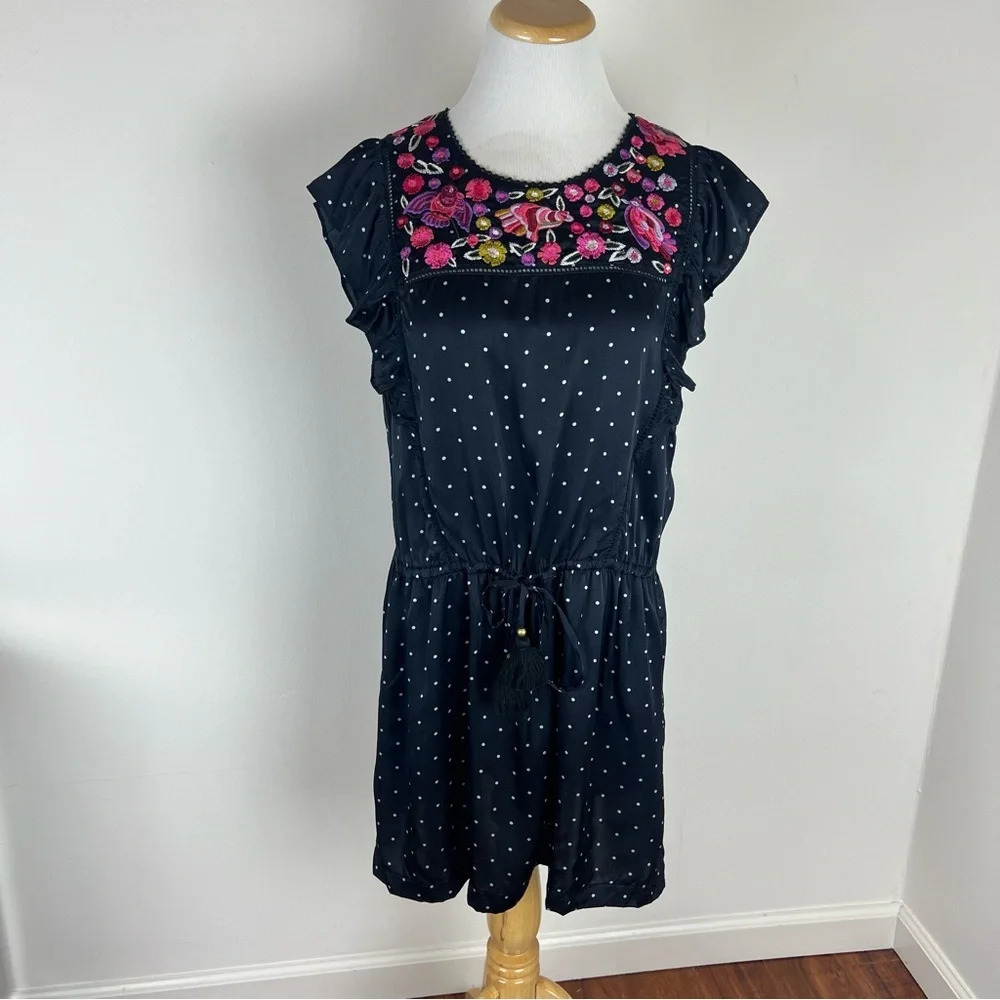 Figue Silk Floral Embroidered Mini Dress Black Polka Dot Size M